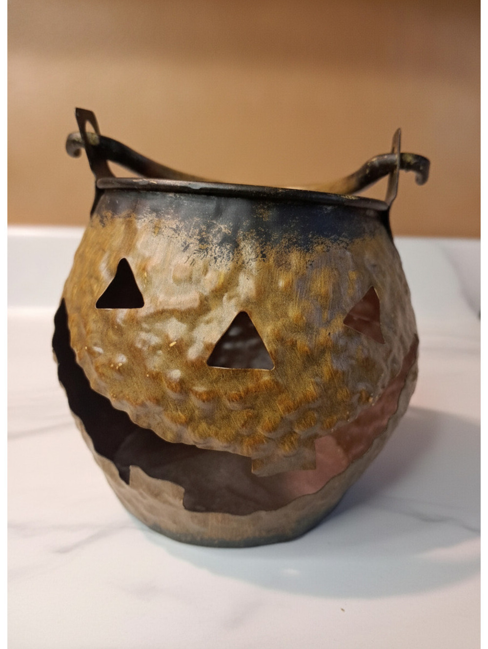 Vintage Hammered Metal Pumpkin Lantern Pot with Handle